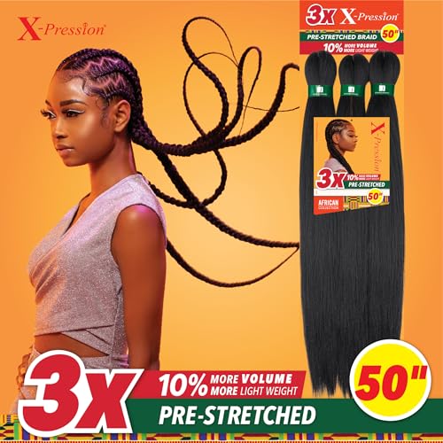Sensationnel X-pression prestretched braiding hair - 3x braid 50 inch all kanekalon flame retardant synthetic braid for box braids and twists (1 pack, 1B OFFBLACK)