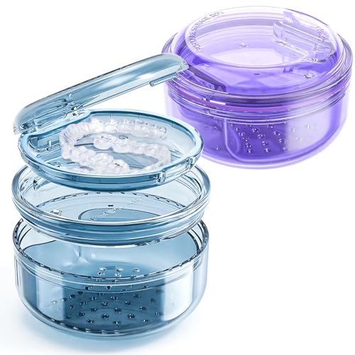 Denture Case, 2PCS Retainer Case with Strainer Basket, 2 in 1 Denture Bath Case No-Leak Retainer Cleaner Case, Retainer Holder for Travel, Mouth Guard Case for Dentures, Clear Braces, Night Guard