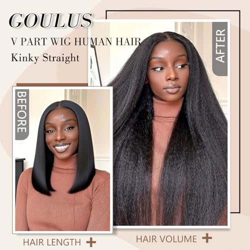 Kinky Straight V Part Wig Human Hair 18 Inch V Part Wig For Women with Drawstring 180% Density Upgrade Glueless U Part Wig No Leave Out No Sew In Kinky Straight Human Hair Wigs Natural Black
