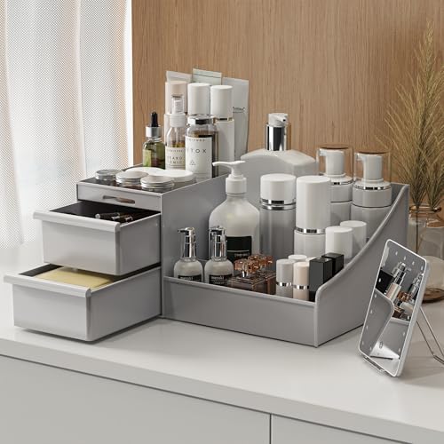 Grey&2 Drawers Makeup Organizer Countertop, Vanity Organizer with 7 Compartments and 2 Drawers for Cosmetics, Skincare, Brushes, Perfume, Bathroom Counter Organizer