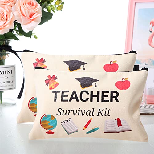 Dunzy 50 Pcs Teacher Survival Kit Makeup Bags Teacher Appreciation Gifts Bulk Cosmetic Bag Canvas Travel Toiletry Case with Zipper Pencil Pouch for Graduation Back to School