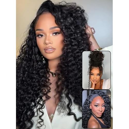 BGM GIRL Half Wig Human Hair Water Wave 3 in 1 Wigs Beginner Friendly Flip Over Drawstring Glueless Wig Ready to Go Seamless Clip in Wigs Natural Black Color 20 Inch