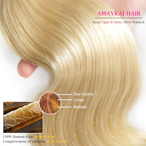 613 Bundles Blonde Human Hair Body Wave Bundles with Closure (16 18 20+14 Inch) 100% Unprocessed 12A Grade Brazilian Virgin Hair Extensions Quick Weave Extensions for Women
