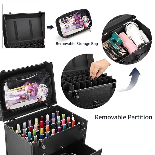 Yokilly Rolling Makeup Train Case, Professional Cosmetology Case on Wheels, Aluminum Cosmetic Trolley Travelling Cart Trunk with Swivel Wheels, Sliding Drawer & Keys for Nail Technician Stylist(Black)