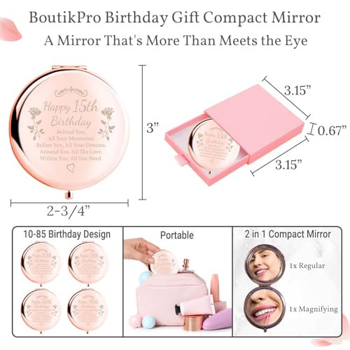 Birthday Gifts for Women Makeup Mirror 10th-85th Birthday Gifts for Sister Mom BFF Daughter Grandma Granddaughter - Milestone Birthday Presents 2-in-1 Compact Mirror (15th Birthday)