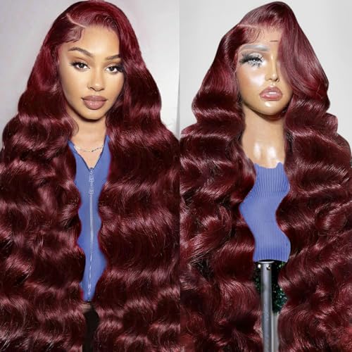 99j Burgundy 13x6 Body Wave Lace Front Wigs Human Hair 200% Density Glueless HD Transparent Lace Frontal Wigs Human Hair Pre Plucked With Baby Hair Burgundy Wine Red Wigs For Women 32 Inch
