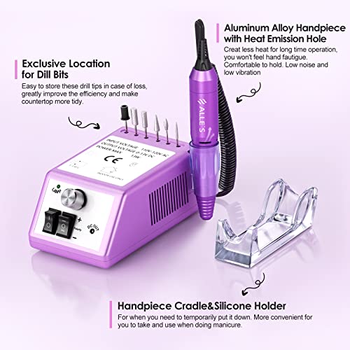 20000 RPM Professional Nail Drill Machine Efile Electric Nail Filer Kit for Finger Toe Nails, Acrylic Gel Dip Nails, Manicure Pedicure Drill with 6Pcs Bits and 106Pcs Sanding Bands, Purple