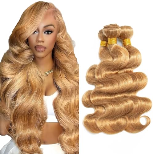 26 28 30 inch Honey Blonde Bundles Human Hair Color 27 Body Wave Bundles Double Weft Honey Blonde Body Wave Human Hair Extensions Soft and Silky for Women Color 27 Bundle
