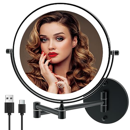 Rechargeable Wall Mounted Lighted Makeup Vanity Mirror 8 Inch Double Sided 1X 10X Magnifying Bathroom Mirror, 3 Color Lighting, Touch Screen Dimming, 360 Rotation Shaving Matte Black