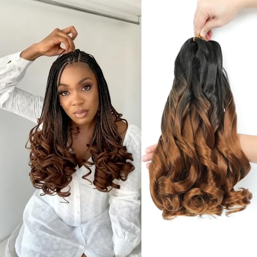 French Curl Braiding Hair 14 Inch 8 Packs French Culy Braiding Hair Ombre Brown Loose Wavy Synthetic Hair Extensions for Black Women (14 inch 8 Pcs, B29)