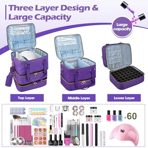 Nail Polish Organizer Case - Three Layer Nail Polish Storage Bag with Adjustable Dividers Holds 84 Bottles Nail Polish Nail Lamp Nail Kit Supplies Organizer Box - Purple
