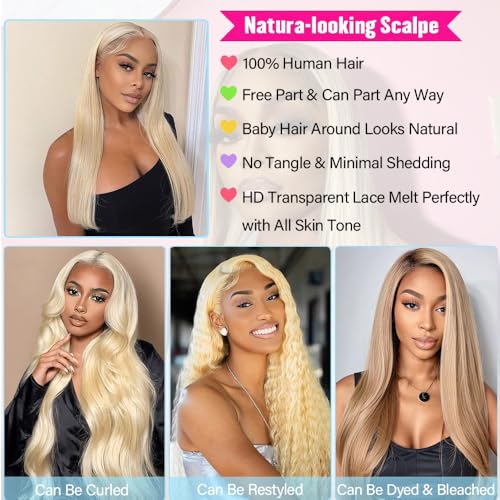 26 Inch 613 Lace Front Wigs Human Hair 13X6 Blonde Straight HD Transparent Lace Frontal Wigs Human Hair for Women Pre Plucked with Baby Hair 200% Density Glueless Wigs