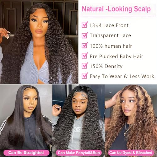 13x4 HD Lace Frontal Closure Deep Wave 18 Inch Ear To Ear Frontal Free Part Closure with Baby Hair Brazilian Virgin Curly Human Hair for Women Pre Plucked Frontals Closure Natural Black