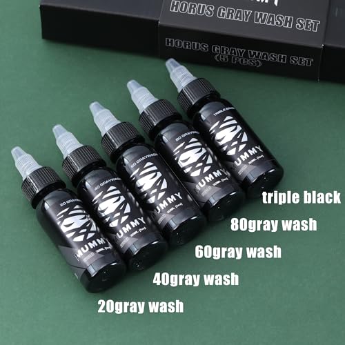 Mummy Greywash Tattoo Ink Set - 5 Bottles (1 oz Each) Includes: 20, 40, 60 Greywash, Triple Black