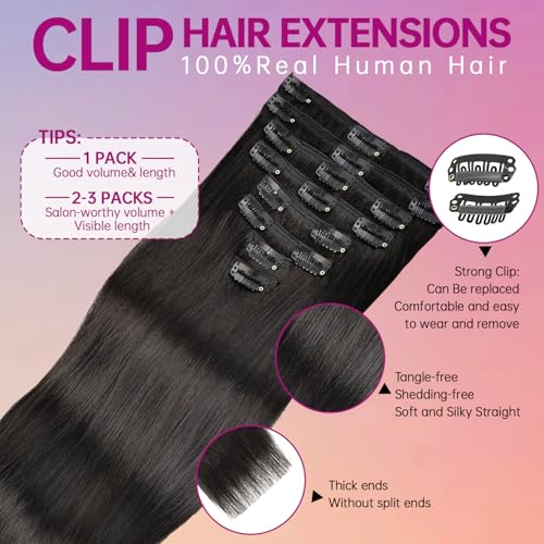 Clip in Hair Extensions Real Human Hair 18 Inch 100g 8pcs Invisible Seamless Real Hair Clip In Hairpiece, Double Layer Woven Real Hair, Specially Designed for Women, 1B Natural Black