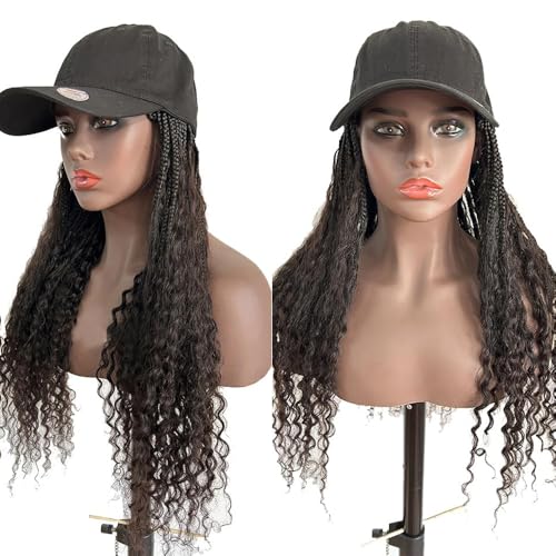 FlowerSeason Human Hair Cap Braided Wigs Human Hair Cap Boho Box Braids Wig with Cap Human Hair Cap Braided Wigs for Black Women Natural Color