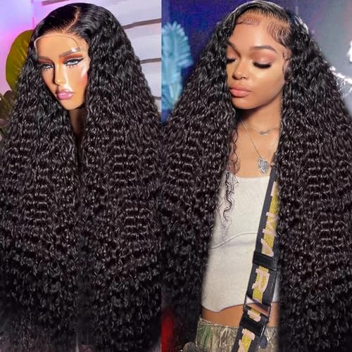 WINOW Deep Wave Lace Front Wigs Human Hair Pre Plucked 180% Density HD Transparent 13x4 Lace Frontal Wigs For Women Human Hair Lace Front Wigs Deep Curly Lace Front Wig (34 INCH)