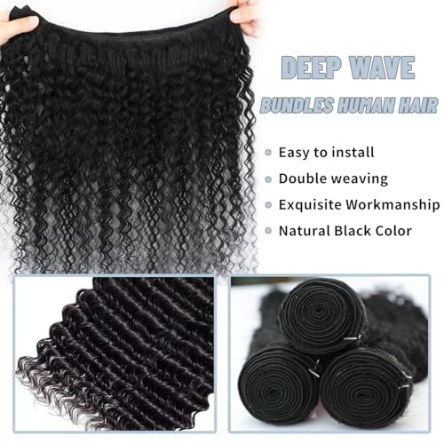 LICHANG 12A Human Hair Bundles 26 28 30 Inch Deep Wave Bundles Human Hair 100% Unprocessed Brazilian Virgin Weave Bundle s 3 Bundles Real Natural Black for Black Women
