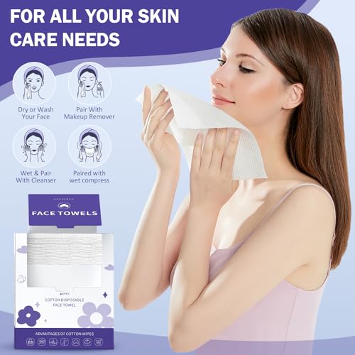 Face Towels, Disposable Face Towelette, Makeup Remover Dry Wipes 100 Count(2 Box), Soft Cotton Dry Wipes Facial Cloths Towelettes for Washing and Drying, Facial Tissue for Cleansing, Skincare