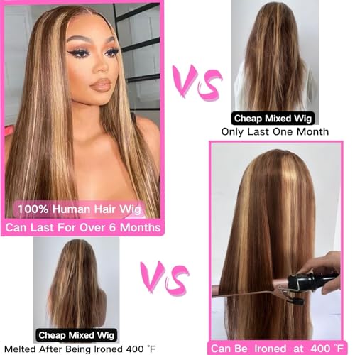 Highlight Ombre Lace Front Wig - 32 inch Human Hair, 180% Density, Honey Blonde, Straight, 13x4 HD Transparent Lace