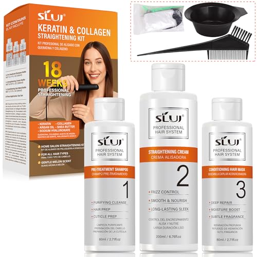 SLUJ Keratin Hair Treatment, Brazilian Straightening Kit with Keratin, Collagen & Hyaluronic Acid,18 Week Home Salon Professional Straightening - Keratina para Alisar el Pelo, Gentle Scent, 2 x Use