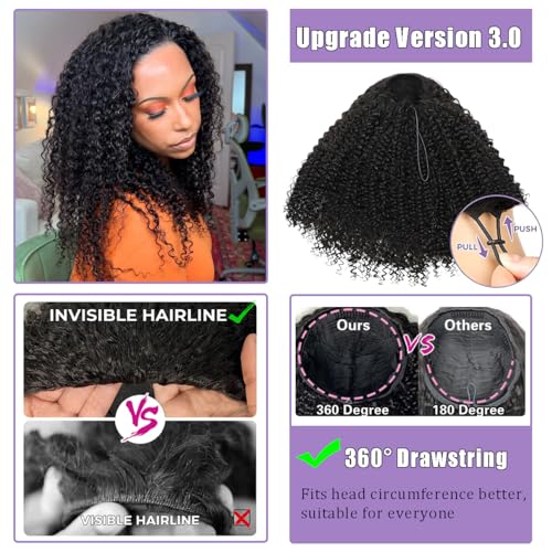 22 Inch Half Wig Human Hair 210 Density Kinky Curly Half Wig for Black Women 3 In 1 Seamless Flip Over Human Hair Half Wig Glueless Wear and Go Beginner Friendly Drawstring Headband Wig Human Hair
