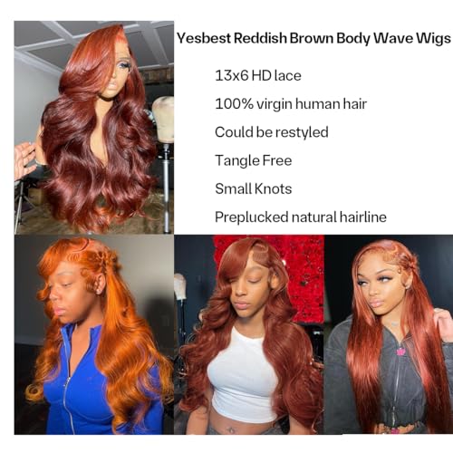 30 Inch Reddish Brown Lace Front Wigs Human Hair Body Wave 13x6 Glueless Light Chocolate Brown Human Hair Wig 180% Density Auburn Copper Reddish Brown Human Hair Wigs for Women 13x6 Lace Front Reddish