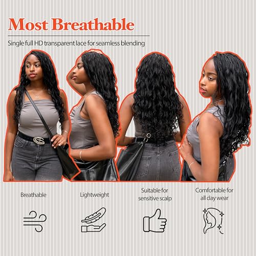 Micro Boho Natural Deep Curly Wave Box Braided Wig - Knotless Braided Wigs - Curly Hair Wig with Natural Baby Hair - Full Lace 360 Wig Korea beauty fiber (#1B118 Off Black and Burgundy, 24¡±)