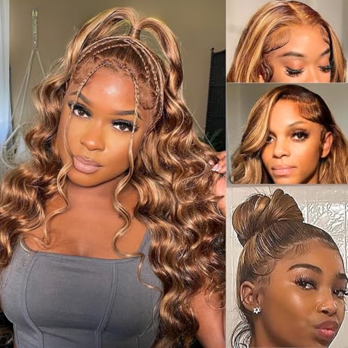 Highlight 360 Body Wave Lace Front Wigs Human Hair, Pre Plucked 180% Density Honey Blonde Highlighted Ombre Full 360 HD Lace Frontal Wig, 4/27 Colored 12A Thick Brazilian Remy Hair 18 IN