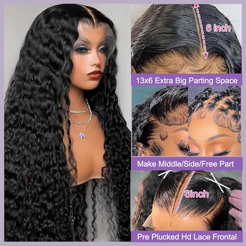 13x6 Deep Wave Lace Front Wigs Human Hair Ture 200 Density 20 Inch Pre Plucked Deep Wave Wig Human Hair 12A Glueless Wet and Wave Curly Lace Frontal Wigs For Women