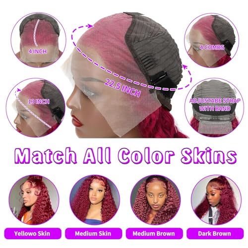 Burgundy Lace Front Wigs Human Hair Wigs for Black Women 13x4 Transparent Lace Frontal Wig 99j Deep Wave Wigs Glueless Wet And Wavy Red Colored Curly Human Hair Wig Pre Plucked (26 Inch)