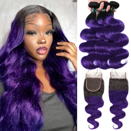 Purple Ombre Bundles with Closure Body Wave Human Hair Weave, Brazilian 3Bundles with Free Closure Virgin Remy Hair Ombre 1b/purple 2 Tone Wavy for Women (141618+12"closure, 1b/Purple)