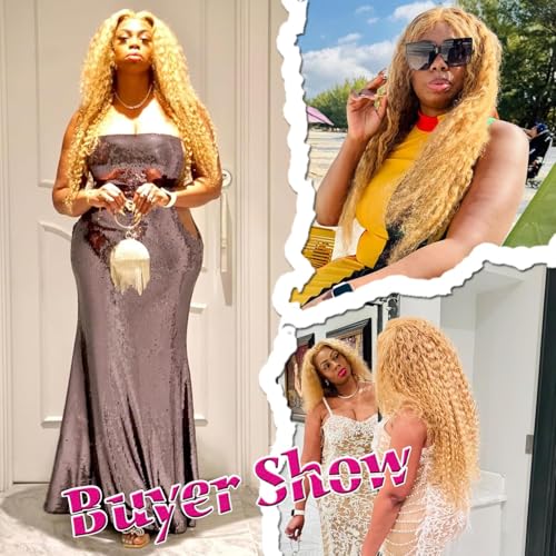 Honey Blonde Wig Human Hair 27#Color Deep Wave Lace Front Wig Human Hair Pre-Plucked Curly Blonde 13x6 HD Lace Front Wig 180% Density For Women(starxiu)