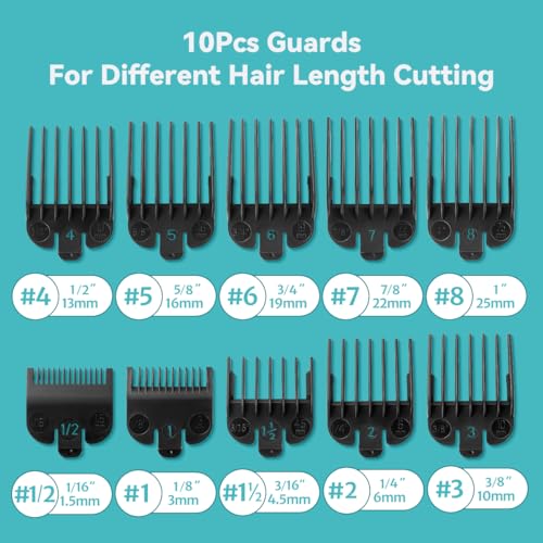 Clipper Guards Set Compatible with Wahl Clippers (Not for All Models), Clipper Guides Replacement - 1/16" to 1", 10 Piece Set, Black Color