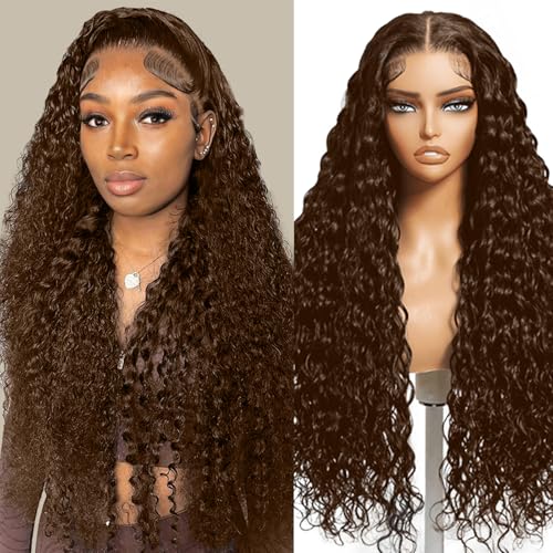 Chocolate Brown 13x4 Lace Front Wigs Human Hair 220 Density Deep Wave HD Lace Front Wigs 4# Curly Glueless Wigs Pre Plucked 13x4 Frontal Human Hair Wigs for Women (24 Inch)