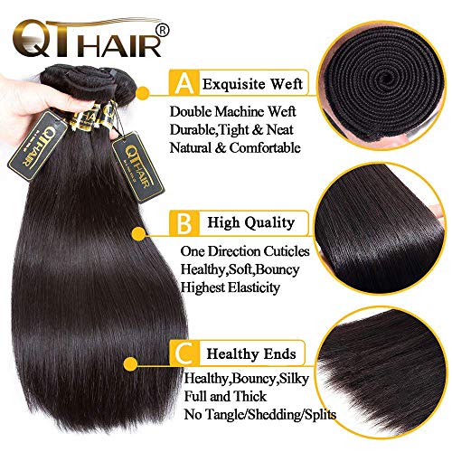 QTHAIR 16A Brazilian Virgin Straight Human Hair with Lace Closure (14/16/18+12 Inch, Natural Black) 100% Unprocessed Straight Brazilian Virgin Hair Weave with 4x4 Swiss Lace Closure