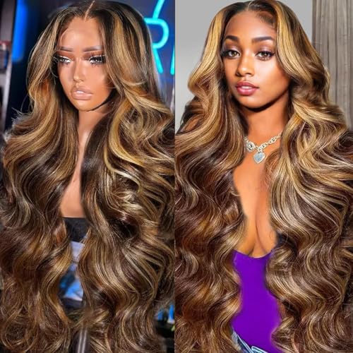 30 Inch Honey Blonde Wig Human Hair 13x6 Ombre HD Lace Front Wigs Body Wave P4/27 Highlight Human Wig Pre Plucked with Baby Hair 180 Density Human Hair Frontal Wigs for Women