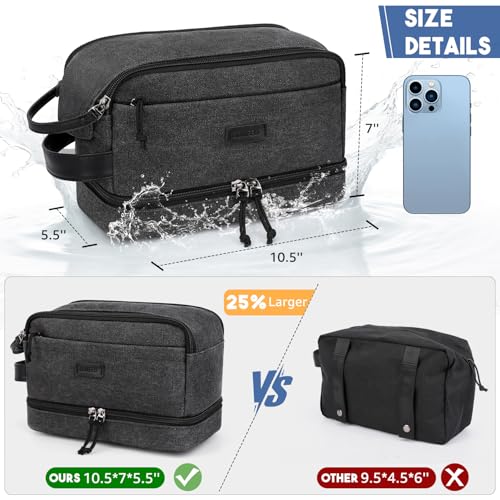 ZOMFELT Travel Toiletry Bag for Men, Canvas Hanging Toiletry Bag Shaving Dopp Kit Water Resistant Bathroom Shower Bag with Double Layer, Makeup Cosmetic Hygiene Bag for Toiletries Accessories, Black