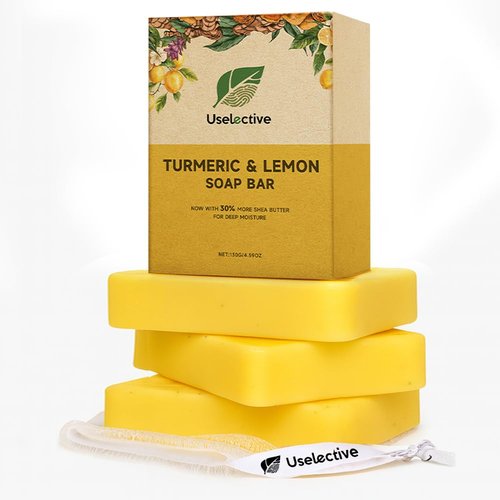 Uselective Lemon & Turmeric Glow Soap Bar - Brightening Bar for Dark Spots & Acne Scars, with Kojic Acid, Vitamin C, Retinol, Shea Butter -30% Larger & SLS Free, for Oily & Dry Skin - 3 Pcs