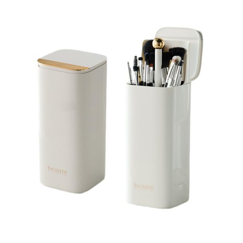 Makeup Brush Holder with Lid, Automatic Lifting Waterproof Dustproof Makeup Brushes Organizer for Vanity Desktop Bathroom Countertop(White)