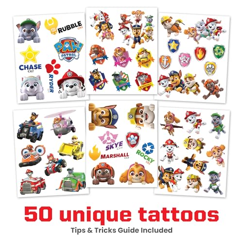 Paw Patrol Temporary Tattoos for Kids (50 pack). Made in the USA w Certified Safe Ink. Birthday Party Supplies and Party Favors Kit. Bulk Temporary Tattoos Stickers Set for Girls and Boys.