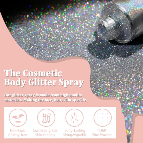 Boko Body Glitter Spray, Holographic Silver Glitter Spray for Body Face Hair Nail Clothes, Hair Glitter Body Shimmer Powder for Highlighter Makeup Festival Party Concert Rave Accessories