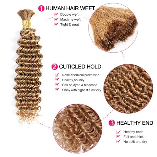Human Braiding Hair for Boho Braids Bulk Deep Wave Boho Hair for Braiding Wet and Wavy Brazilian Virgin Human Bohemian Hair for Braiding 2 Bundles 160g Honey Blonde 24''