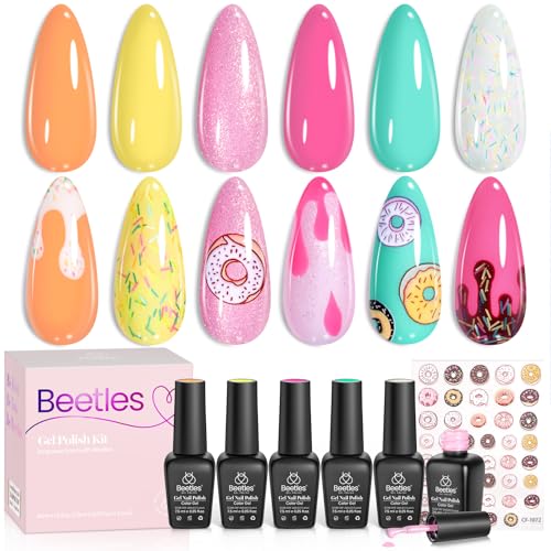 Beetles Gel Nail Polish Set, Orange Yellow Pink Turquoise Green Glitter Soak Off UV LED Gel Polish Summer Ice Cream Theme for DIY & Professional Manicure