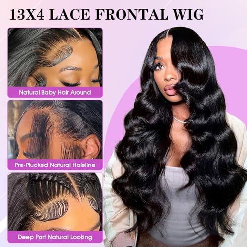 Body Wave Lace Front Wigs Human Hair Wide Lace 180 Density Human Wigs 13x4 Human Hair Lace Front Wigs Pre Plucked With Baby Hair Natural Color 32Inch