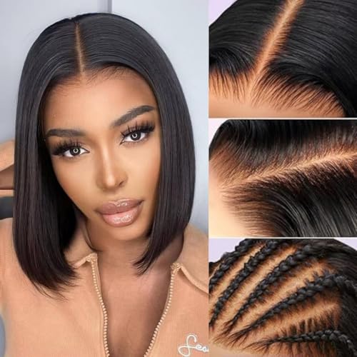 12 Inch Short Bob Wig Human Hair 13x4 Hd Transparent Lace Front Wigs Human Hair Pre Plucked 180 Density Straight Lace Frontal Wigs Human Hair Glueless Wig for Women Natural Hairline with Baby Hair