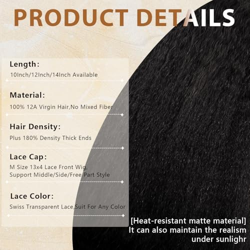 4C Edges Baby Hair Yaki Bob Wig Human Hair Glueless Side Part Short Kinky Straight Human Hair Wig Thick End UHD 13x4 Lace Front Wig Pre-Bleached Natural Color Brazilian Virgin Hair 12"
