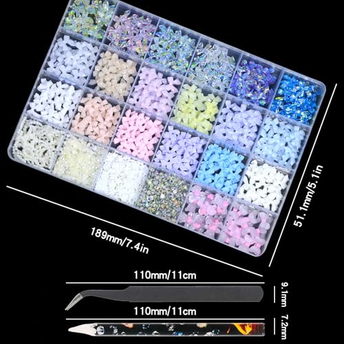 HNUIX Bow Nail Charms for Nails - Colorful Bow-Knot, Manicure DIY Crafts, Flat Back Pearls 1600 Pieces Nail Decoration Kit