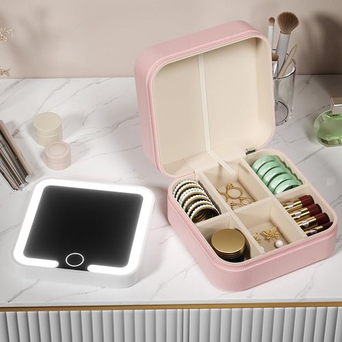 KEMISSY Small Travel LED Makeup Mirror Case Cosmetic Train Case Makeup Organizerwith 3 Adjustable Color Light Settings for Women (Pink)