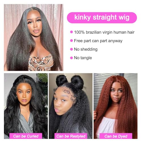 Kinky Straight Wig 13x6 Lace Front Wigs Human Hair 32 Inch Yaki Straight Human Hair Wig 200% Density Lace Front Human Hair Wigs for Black Women